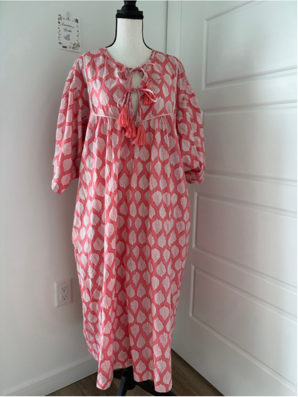 Made in India Cotton Handmade Midi Dress Pink White Leaf Pocket Tassels M-XXL
